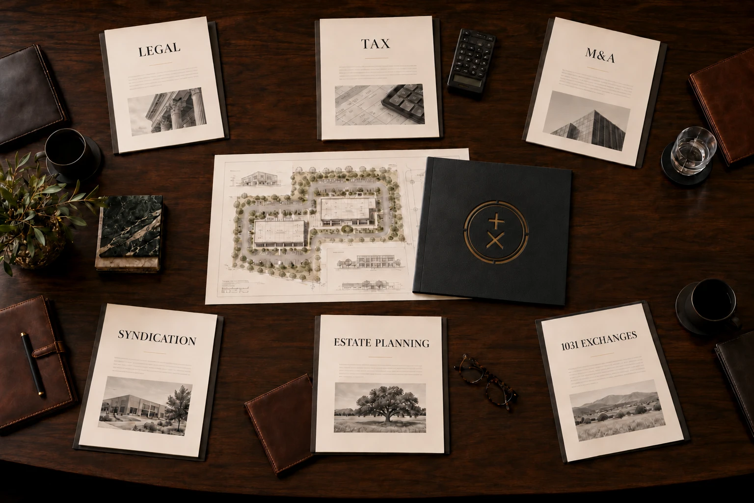 Caprock advisory network briefing materials on a desk: Legal, Tax, M&A, Syndication, Estate Planning, and 1031 Exchanges
